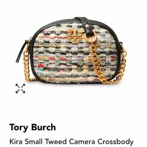 Tory Burch Tweed Camera Crossbody in Black, Gold & Multicolor Tweed